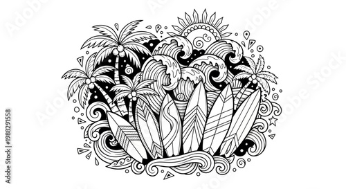 Summer Beach Vibes: Surfboards, Palm Trees, and Ocean Waves Doodle Art