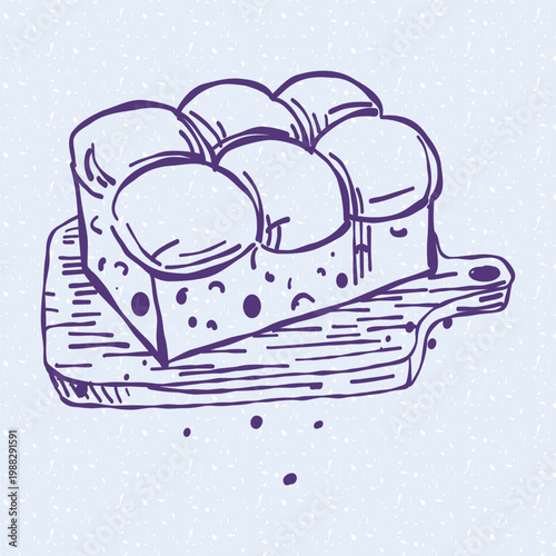Hand drawn illustration of a fresh pull-apart bread loaf with seeds on a wooden cutting board. Hand drawn line art. Trendy linear food element for bakery cafe menu, breakfast recipe book, or kitchen