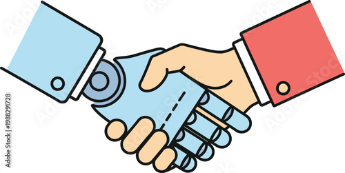 Handshake of Tomorrow: A compelling illustration of a human hand clasping a robotic hand symbolizes the fusion of humanity and technology, innovation and collaboration.