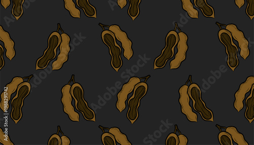 Tamarind Seamless Pattern Design. Doodle Pod Illustration Style. Organic Tropical Fruit Motif. Handdrawn Botanical Line Art. Background For Packaging Textile.