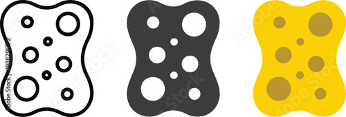 Minimal cleaning sponge icon set with perforated pads in outline solid and yellow vector flat design style