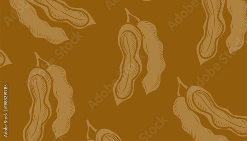 Tamarind Seamless Pattern Design. Doodle Pod Illustration Style. Organic Tropical Fruit Motif. Handdrawn Botanical Line Art. Background For Packaging Textile.