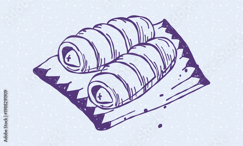 Hand-drawn roll from a fresh pair of sausages in dough on a paper bag. Hand-drawn line drawing. Yeast dough. Fashionable linear element for a cafe-bakery menu, snack recipe book, or kitchen posters.