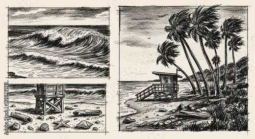 Beach Scene: Crashing Waves, Lifeguard Tower, Palm Trees, and Sandy Shoreline