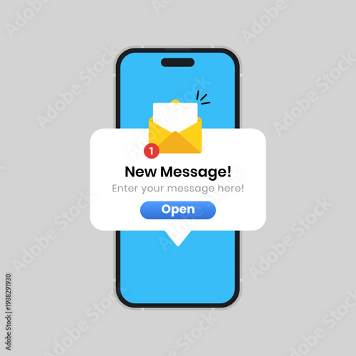 New message notification concept on realistic smartphone mockup. New email pop up. Incoming, open messaging.