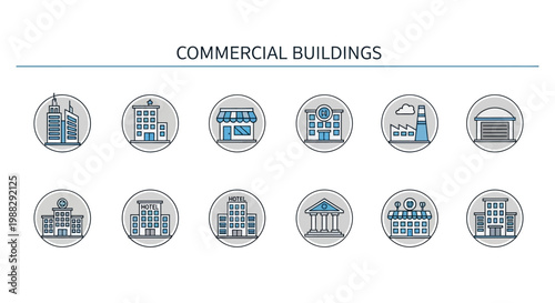 Commercial buildings icons on white.