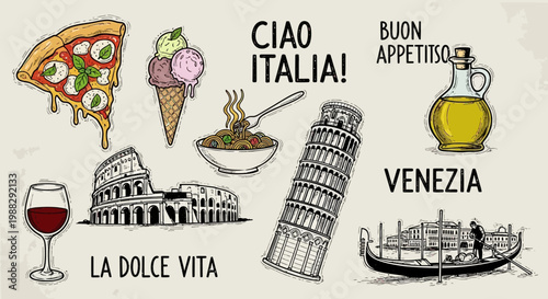 Italian Icons: Pizza, Pasta, Gelato, Leaning Tower, Colosseum, Gondola, Wine, Olive Oil