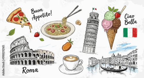 Italian Travel Collage: Food, Landmarks, Culture, and Coffee