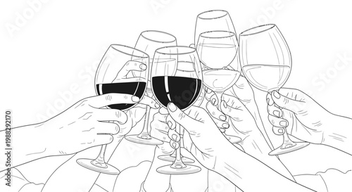 Hands clinking wine glasses in a toast, celebration, cheers, party, gathering, red wine, white wine