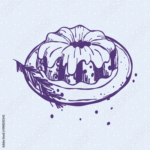 Hand drawn illustration of a delicious bundt cake with glaze on a plate with a decorative branch. Hand drawn line art. Trendy linear dessert element for bakery cafe menu, holiday recipe book