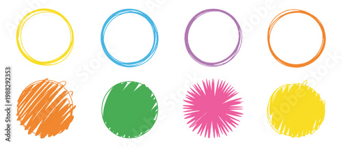 Colorful hand drawn circles and scribbles on white background.