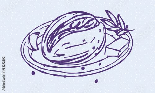 Hand drawn illustration of a fresh oval bread loaf on a plate with butter and a decorative branch. Hand drawn line art. Trendy linear food element for bakery cafe menu, breakfast recipe book