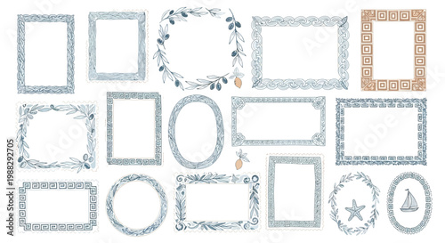 Collection of Decorative Hand-Drawn Frames and Borders with Floral and Nautical Elements