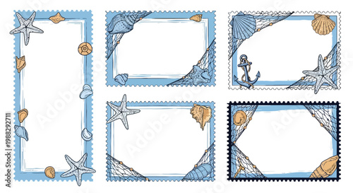 Nautical Stamp Frames Collection: Seashells, Starfish, Anchor - Beach Holiday Design Elements