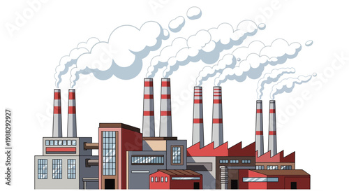 Industrial Factory with Smoke Stacks Emitting Pollution, Manufacturing Plant Landscape
