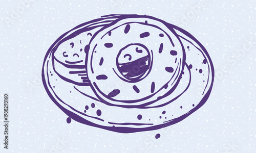 Hand-drawn illustration of a sliced breakfast donut on a plate. Hand drawn line art. A trendy linear dessert element for a bakery cafe menu, a snack recipe book, or kitchen posters.