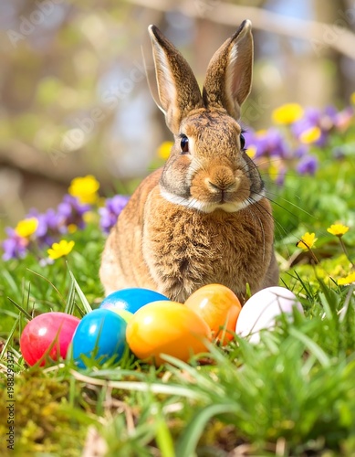 Rabbit with Easter eggs in a meadow