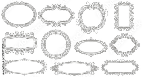 Collection of Ornate Vintage Frames and Borders, Hand-Drawn Decorative Elements