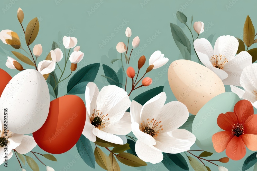Fototapeta premium Easter eggs and spring flowers seamless vector border with hand-drawn blooms and pastel colors