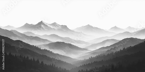 A breathtaking winter panorama of the snow-covered Alps mountain range at morning peak with a misty forest valley and clouds under a clear sky