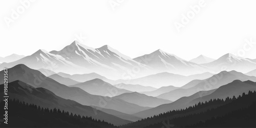 A beautiful winter panorama of the high alpine mountain peaks covered in white snow and ice under a blue sky with clouds and fog overlooking a cold nature landscape valley