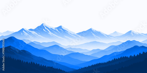 A misty morning view of a snow-capped Himalaya range peak rising above the alpine forest and clouds in a high winter mountain landscape