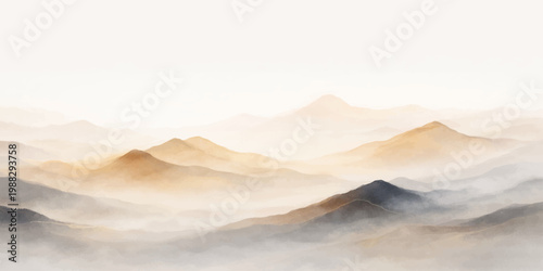 A breathtaking winter panorama of misty snow-covered mountains and forested hills at sunrise under a glowing sunset sky where clouds meet the horizon of a vast frozen valley