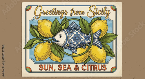 Retro Greetings from Sicily Postcard with Lemons, Fish, Sun, Sea & Citrus Text