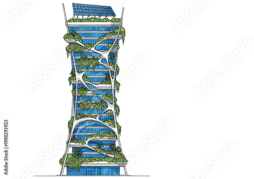 Sustainable urban architectural concept a modern green building with integrated vertical gardens and solar energy solutions for future cities