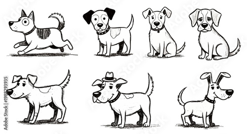 Collection of Adorable Cartoon Dog Breeds Poses, Sketch Style