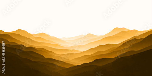 A misty mountain landscape at sunrise featuring a forest valley veiled in fog under a glowing sky