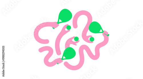 Abstract Tennis Playful Graphic Illustration With Green Rackets and Pink Limbs
