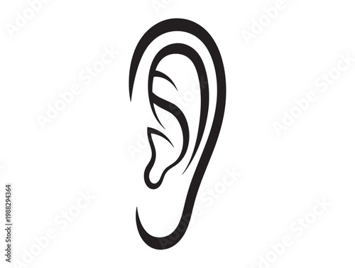 Stylized black and white illustration of a human ear representing hearing and anatomy