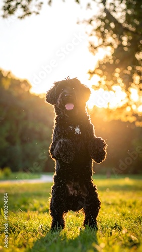 Dog standing on hind legs outdoors.