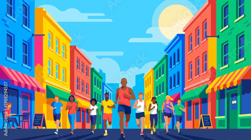 Colorful Street Race: A Vibrant Illustration Of Runners In an Urban Scene