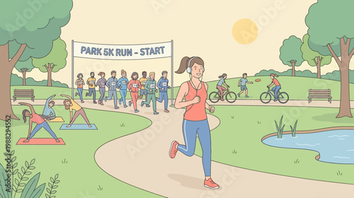 Community Park Activities Depicted Including Runners, Cyclists, And People Doing Yoga