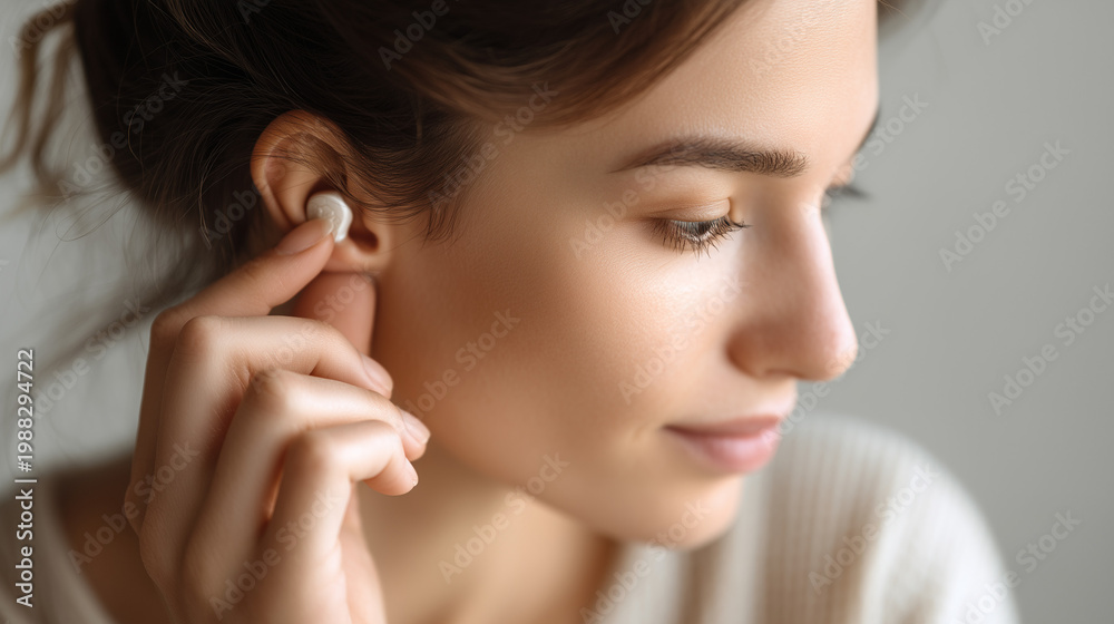 Fototapeta premium Woman inserting wireless earbud, modern audio device and lifestyle listening concept, close-up portrait.