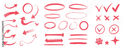 Red arrows, circles, checks and crosses doodle set.