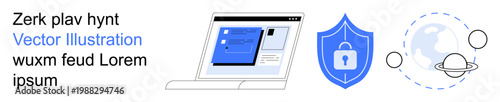 Cybersecurity, data protection, encryption, online safety, software interface, internet connection. A laptop displaying a screen, shield icon with a lock and planet with orbit lines. Cybersecurity