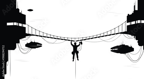 Urban, black silhouette, cityscape, suspension bridge, adventure, vector illustration