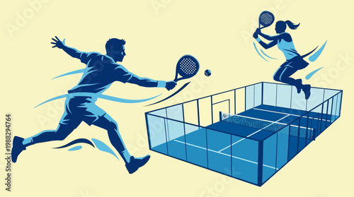 Dynamic Padel Match: Male and Female Players in Action with Blue Silhouette Style