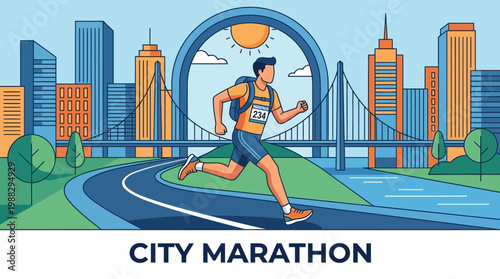 Energetic Athlete Sprinting in a City Marathon with Picturesque Urban Skyline