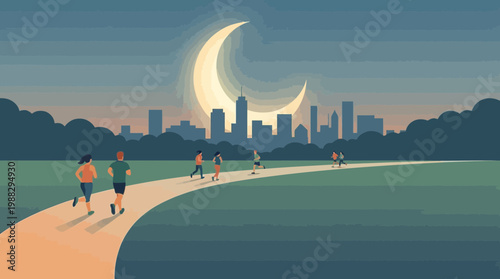 Evening Run: A Silhouetted Cityscape With Joggers Under the Moonlight's Glow