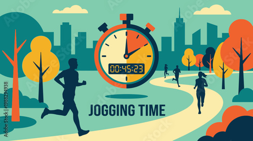Graphic Illustration Depicting Jogging Event In The City Park For Fitness And Time Concepts