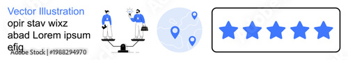 Business management, customer satisfaction, evaluation, decision-making, location services, user feedback. Scales with people, map pin icons and five-star rating. Business management and customer