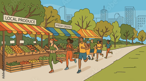 Healthy Lifestyle And Fitness: Runners At Market Buying Local And Natural Produce