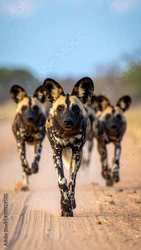 Dogs running on dirt road fast.