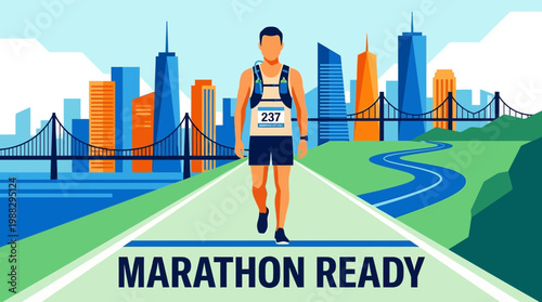 Marathon Runner Prepares In Urban Landscape With Cityscape And Bridge View