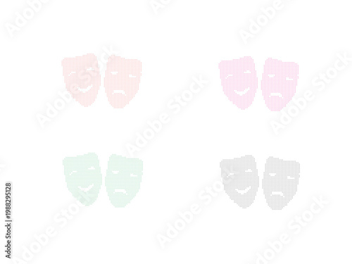 Four theatrical masks in varying pastel colors arranged in a grid