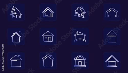Set of 12 blue gradient minimalist home and house line icons.